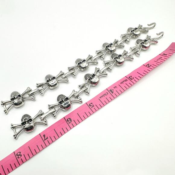 Skull Crossbones Bracelet Silver tone black link Set of 2 Biker Punk Steampunk - Picture 6 of 8